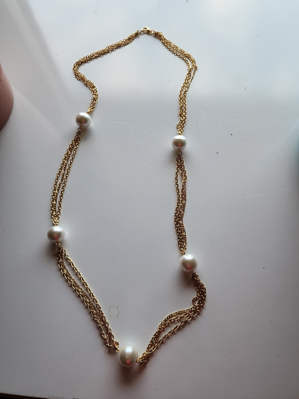 Vintage Gold-Tone Chain Necklace with White Pearl Accents